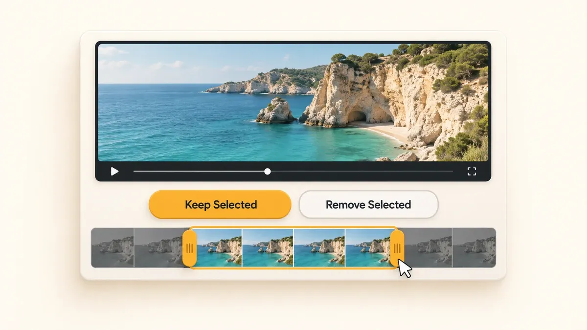 Video timeline with start and end handles and options to keep or remove the selected section.