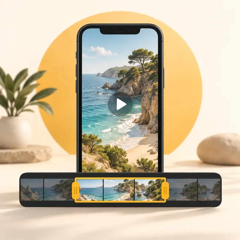 Social video clip on a phone with an amber selection on the source video timeline.