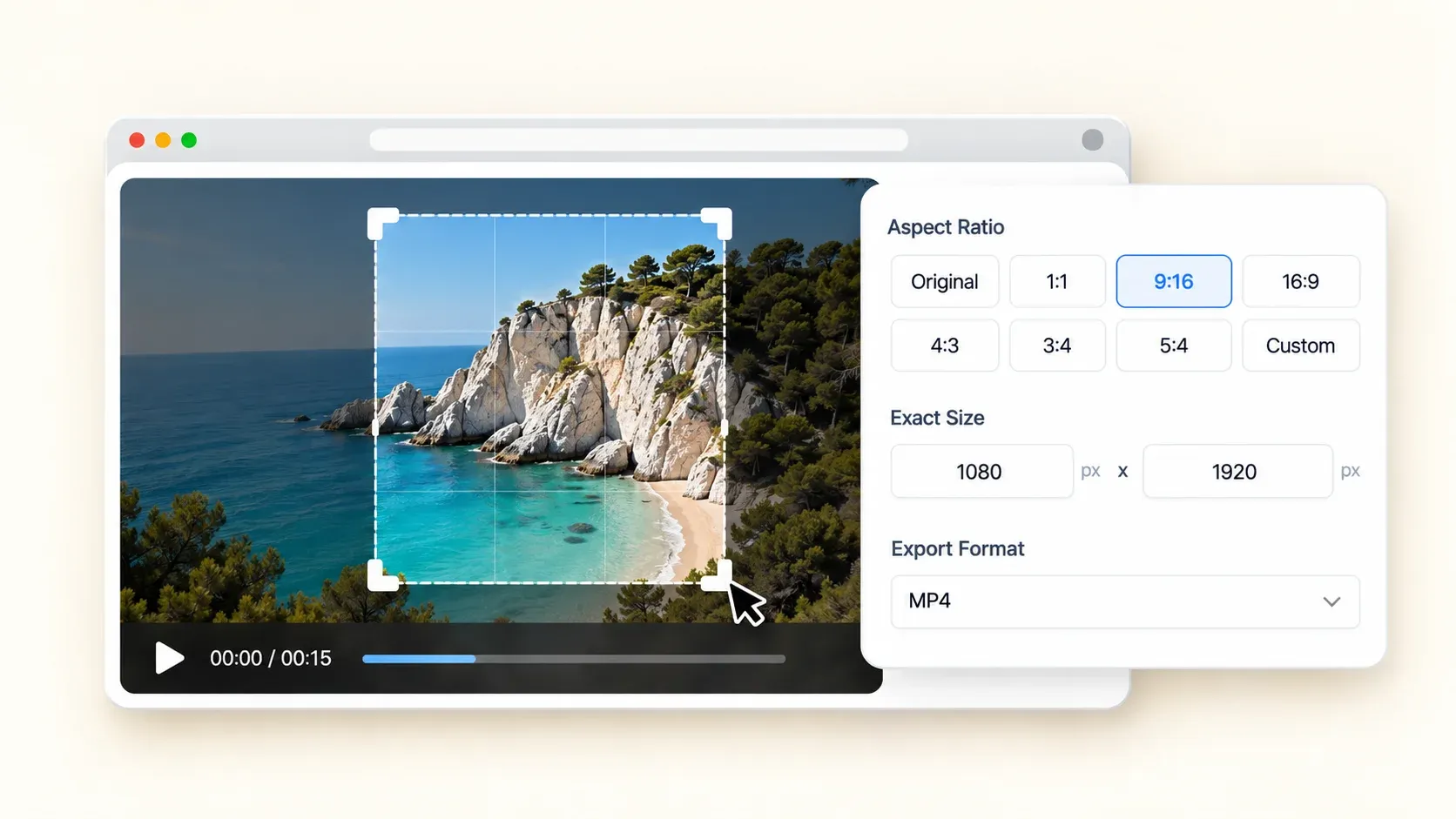 A 9:16 crop frame and exact pixel dimensions in the video cropper.