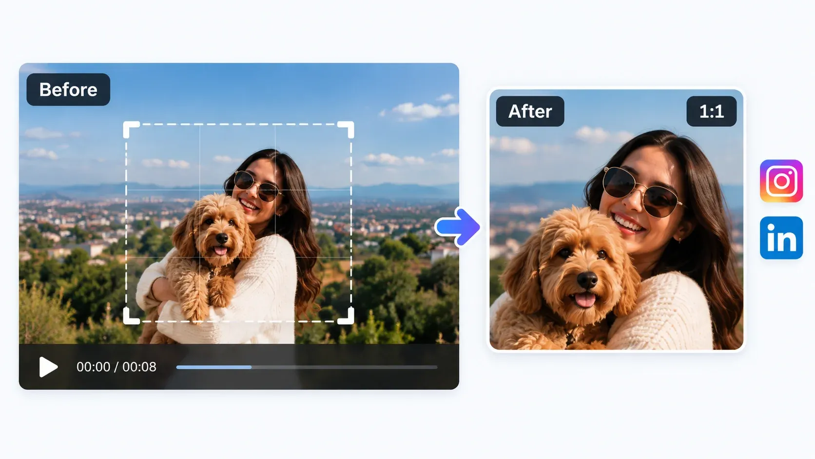 A woman holding a dog reframed into a 1:1 square video.