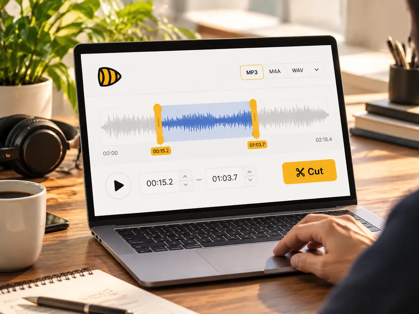 A laptop showing an audio cutter interface with a yellow waveform selection over a recording waveform.