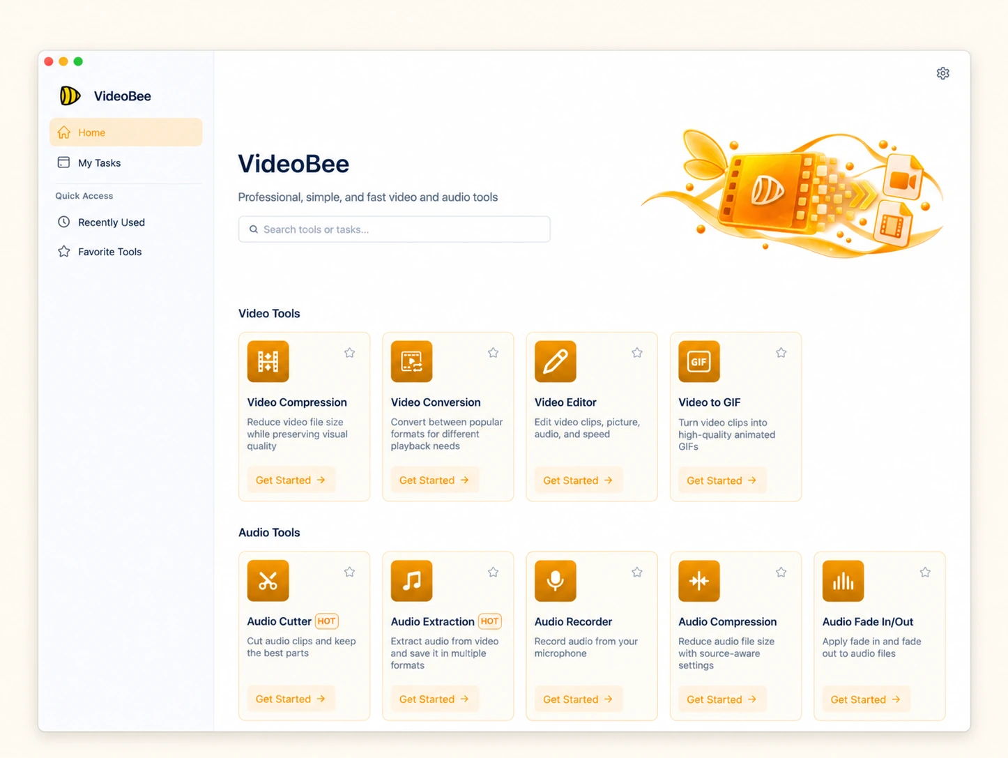 VideoBee desktop workspace with video and audio tools