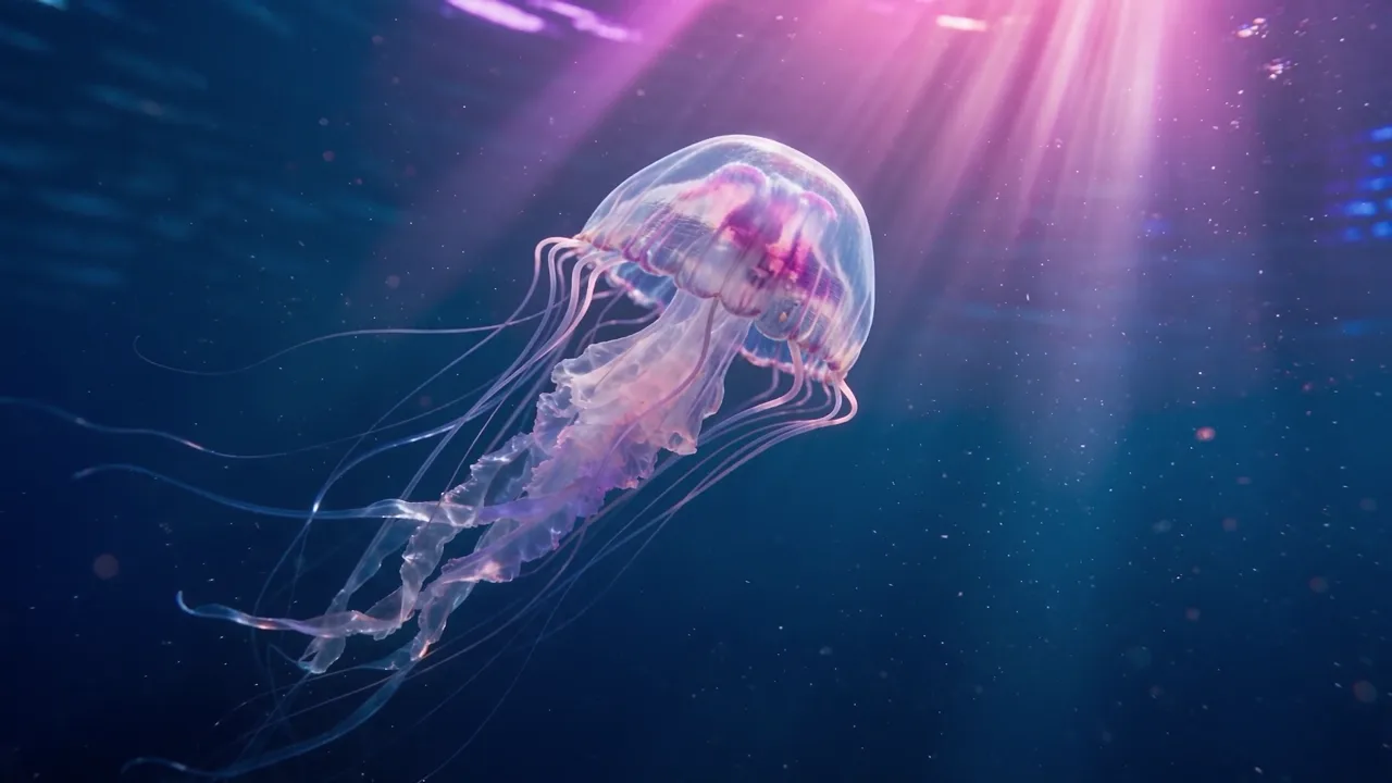 Una medusa luminosa nadando bajo una luz rosa