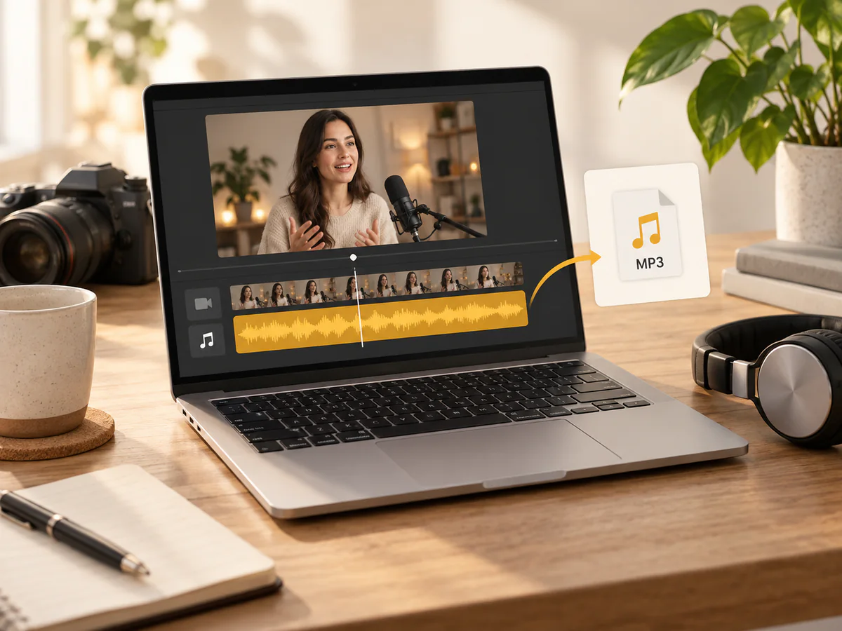 A laptop showing narration footage, an amber audio track, and an extracted MP3 file.
