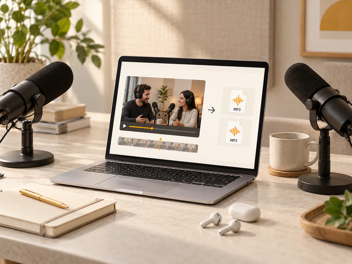 Interview microphones beside a laptop showing a recorded conversation and MP3 audio files.