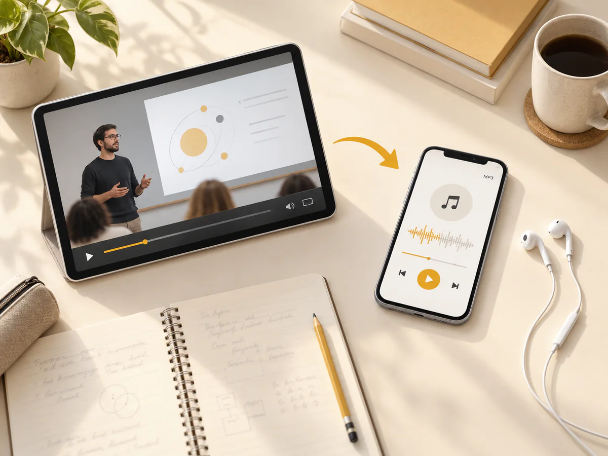 A tablet playing a recorded lecture beside a phone with MP3 audio, earbuds, and study notes.