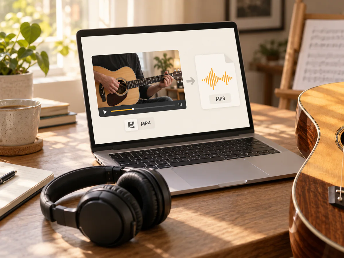 A guitar performance video on a laptop being converted to an MP3 audio file, with headphones nearby.