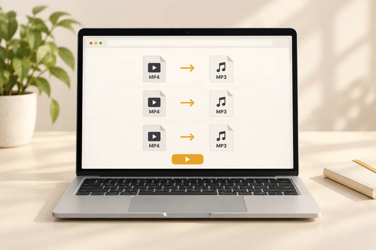A laptop showing MP4 video files being converted to MP3 audio on a warm ivory desk.