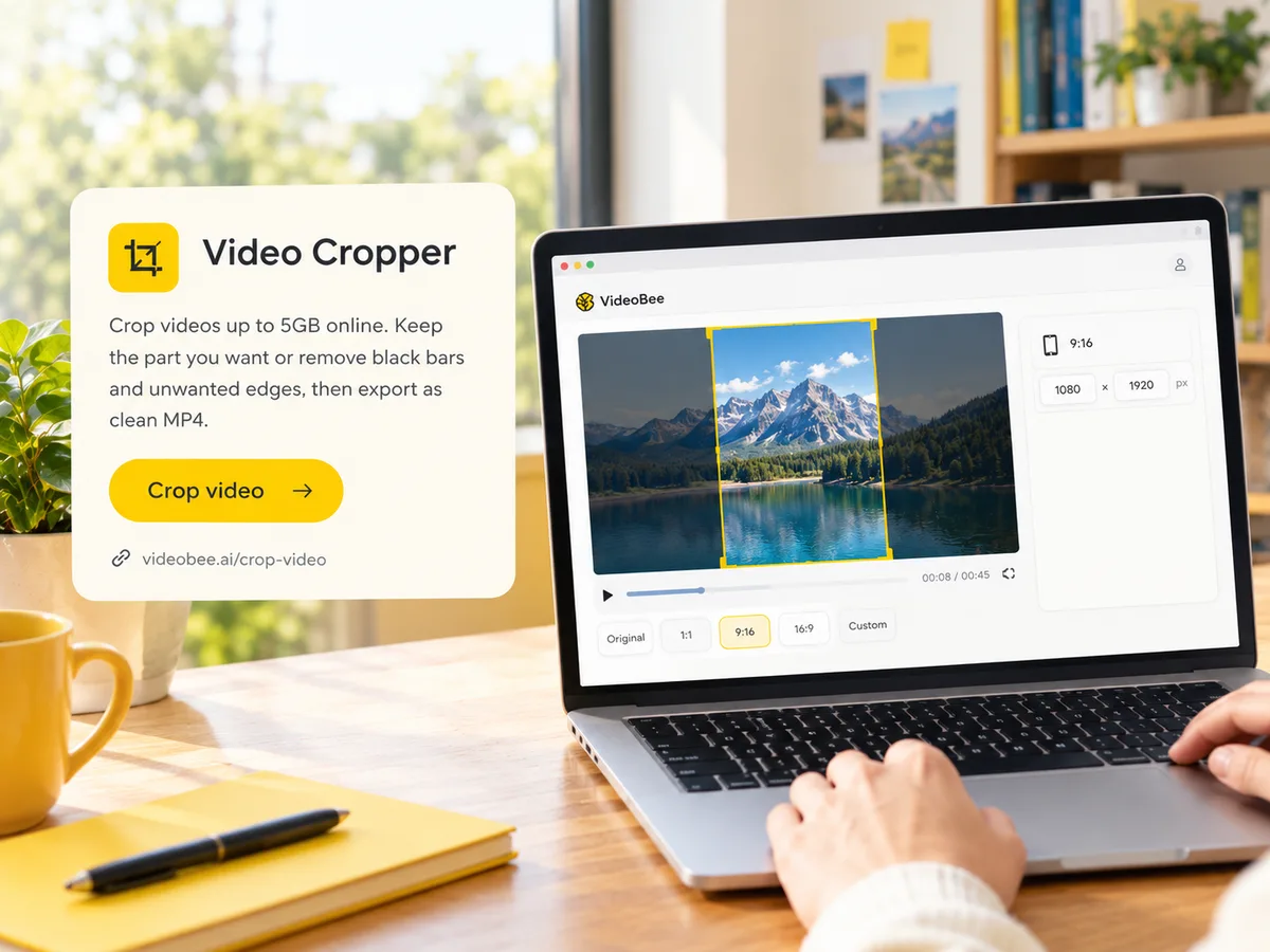 A video cropper on a laptop with a yellow 9:16 crop frame over a landscape clip.
