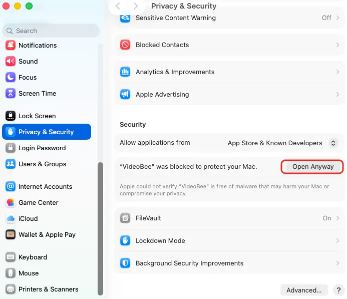 VideoBee installation prompt on Mac