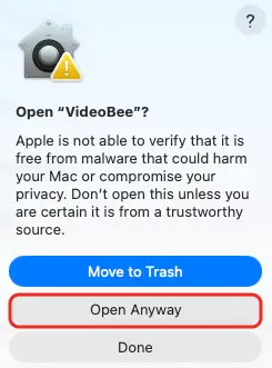 macOS confirmation to open VideoBee